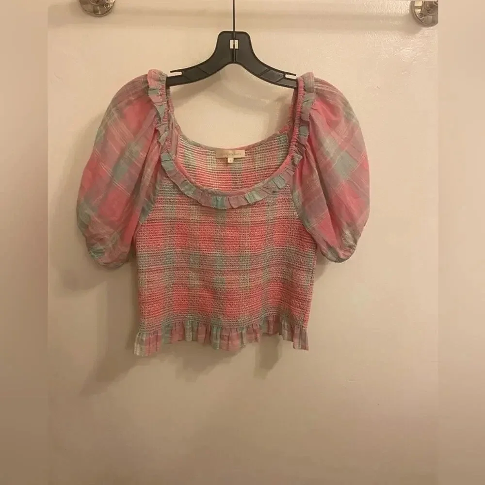 LoveShackFancy Molly Puff Sleeve Smocked Top Pink Plaid Size Small